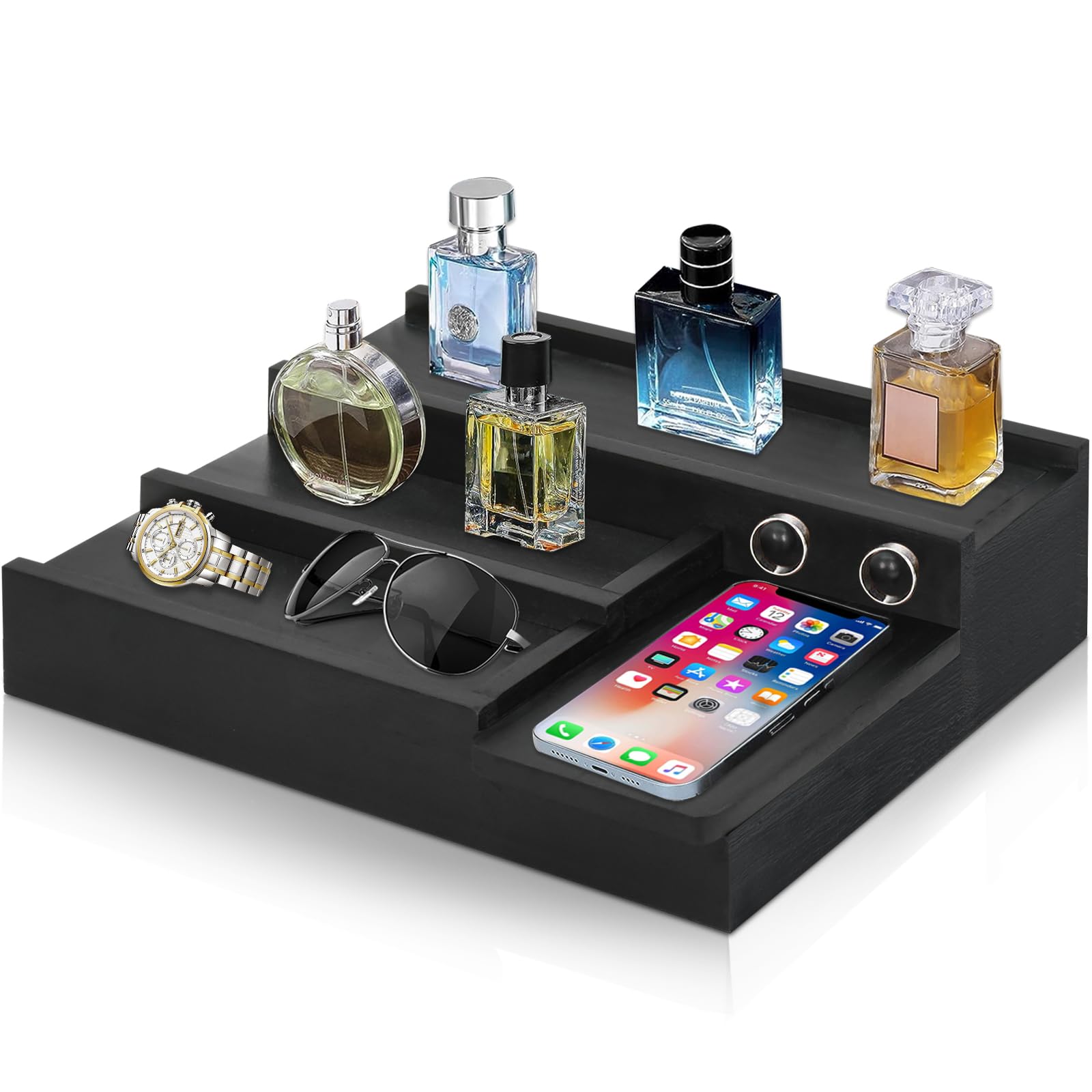 Cologne Organizer for Men, 3 Tier Wood Cologne Stand Display Shelf with Hidden Compartment, Perfume Holder Organizer for Dresser, Room Essentials for Men, Display Risers, Gift for Husband, Father