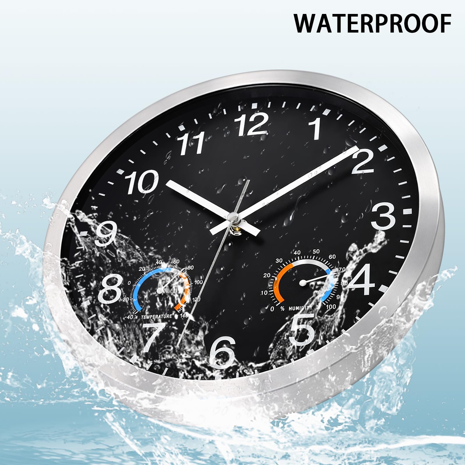 Caysie Horloge murale étanche à quartz avec thermomètre et hygromètre - 30,5 cm - Fonctionnement à piles - Pour terrasse, piscine, salle de bain - Noir
