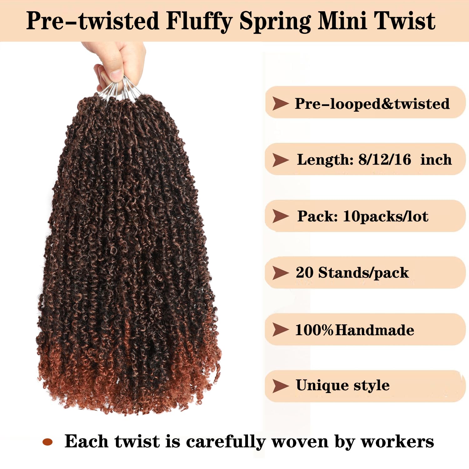10 Packs Yanky Twist Crochet Hair 16 Inch Pre-twisted Natural Black Kinky Mini Spring Small Curly Senegalese Twist Braids Yankee (T350(Ombre Ginger Red) - Image 2