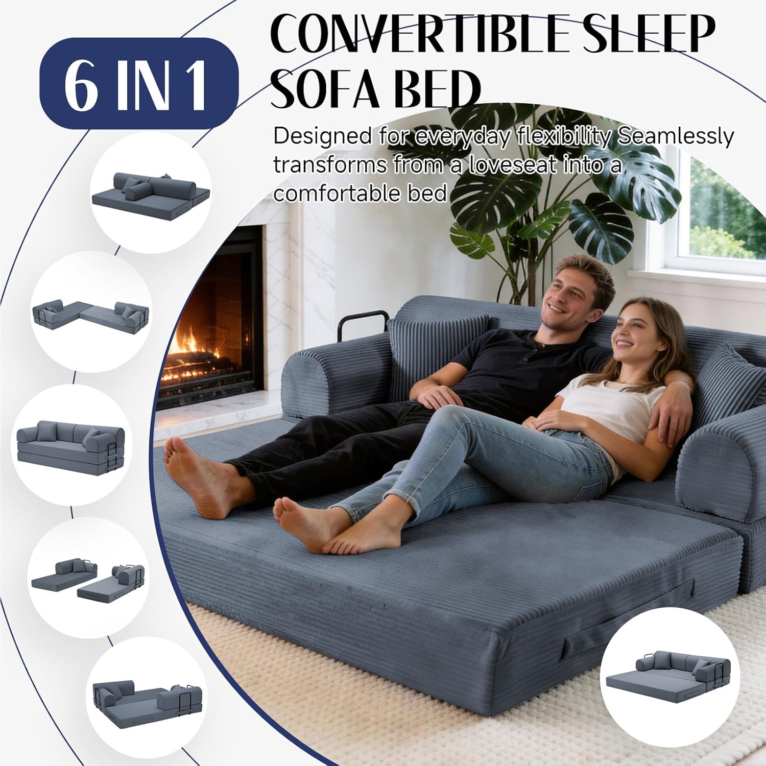 SAVENICA 79'' Convertible Sofa Bed, 6-in-1 Folding Floor Couch Sleeper with Reinforced Frame, Corduroy Modular Futon with Armrests & Pillows, No Assembly, Space-Saving for Apartment (Dark Gray)