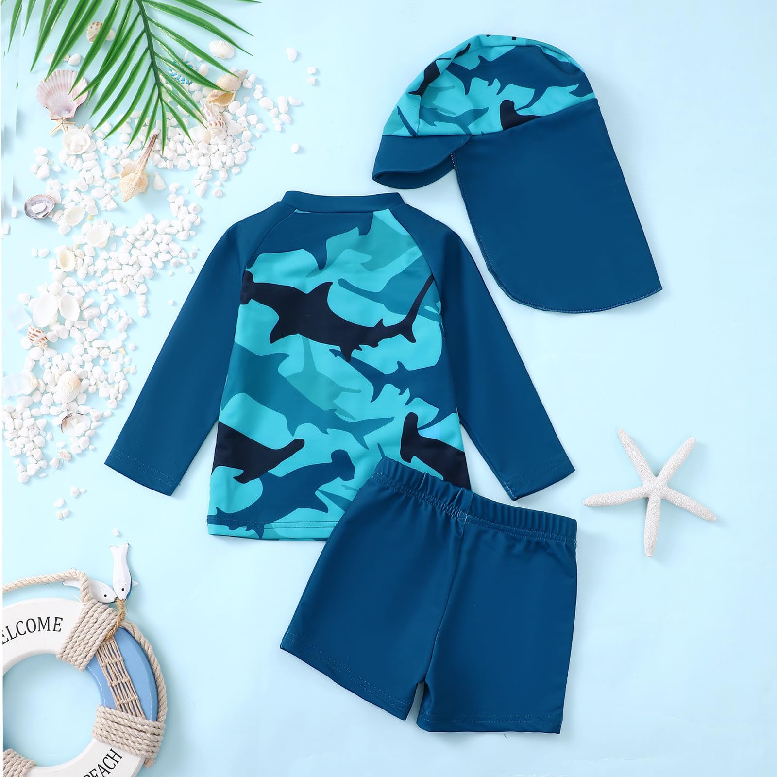 Générique Maillot de Bain garçon Manches Longues avec Rashguard Short imprimé et Bonnet Solaire idéale pour Jeux Aquatiques Plage Piscine été