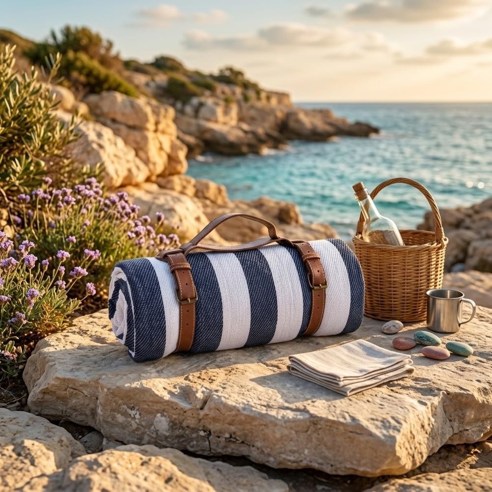 Grande couverture de pique-nique imperméable 200 x 150 cm, tapis d'extérieur pliable et résistant au sable pour plage et parc (bleu moka, 2 x 2 m)