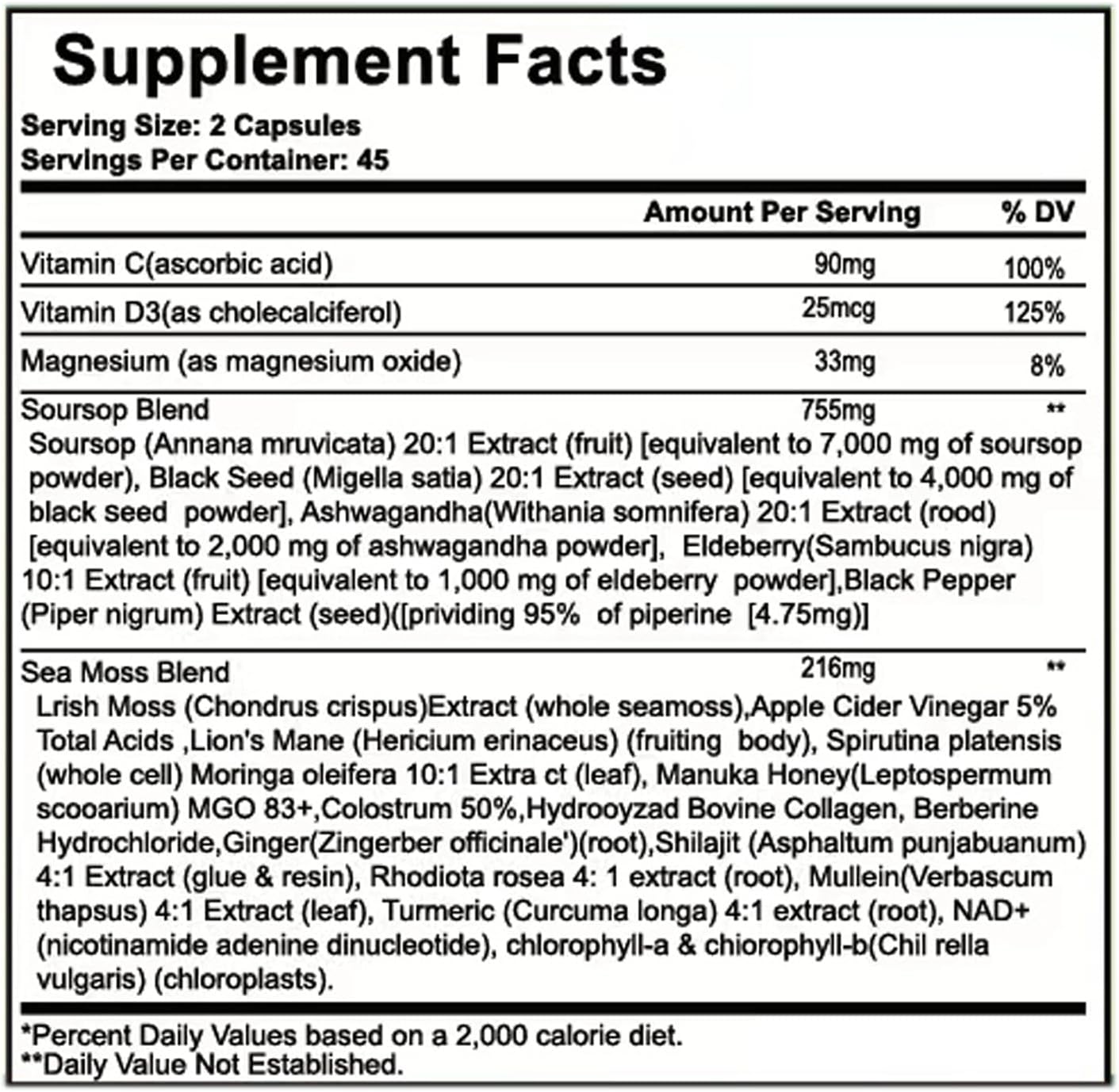 Soursop Capsules - 24 in 1 Graviola Soursop Capsules with Shilajit, Sea Moss, Lions Mane, Turmeric, Ashwagandha, Vegan, Ginger & Manuka Honey and More, Non-GMO, 90capsules - Image 2