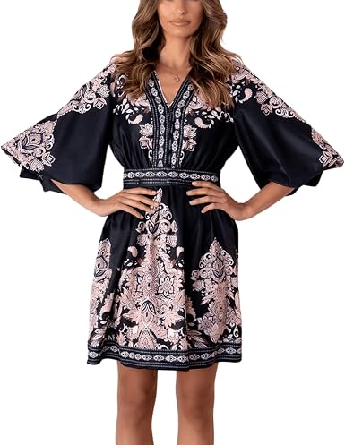 Women Midi Dress, Lady V Neck Boho 