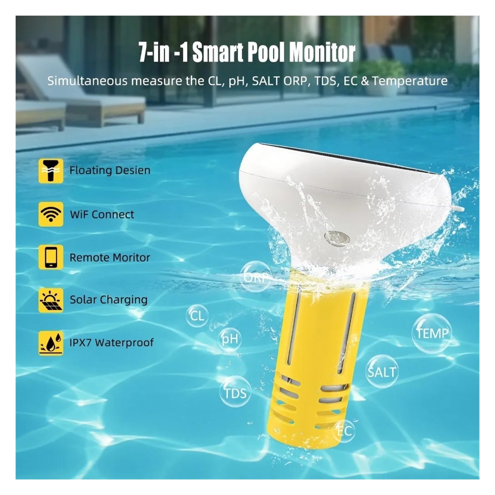 Medidor solar de calidad del agua 7 en 1 for pruebas piscinas, probador PH ORP, salinidad total sólidos disueltos,Alta precisión(Set)
