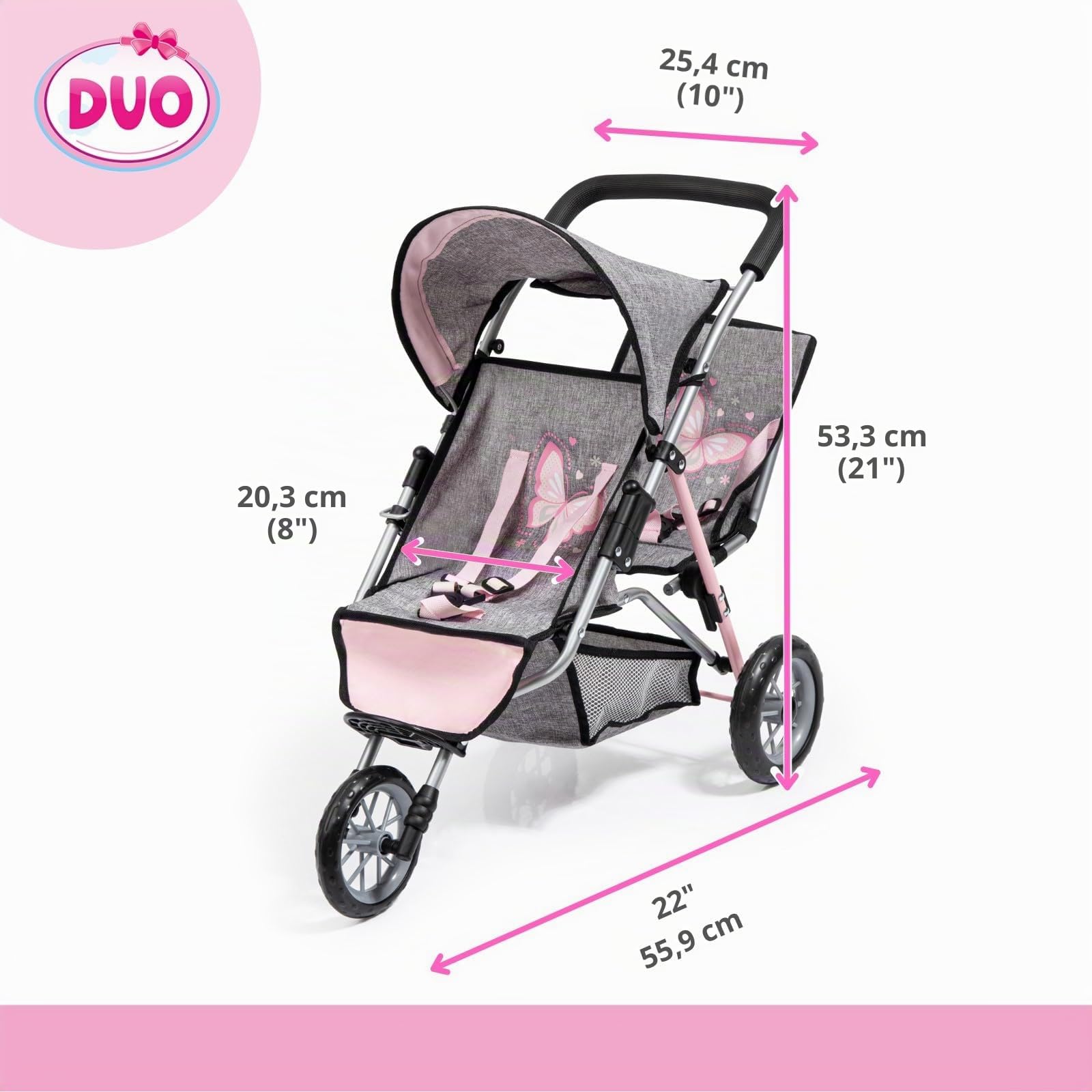 Bayer Design 39133AA Landau Jumeaux pour poupée, Poussette Tandem Double Jouet, Jean Look Gris, Rose, Papillon