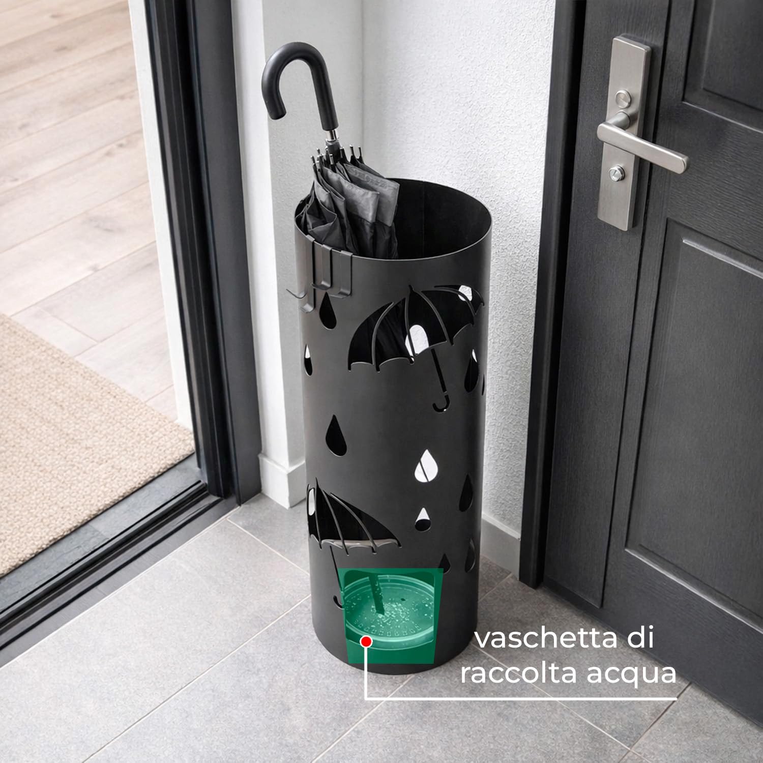 Arreditaly Portaombrelli Rotondo In Acciaio Zincato Con Vaschetta Scolapioggia E 4 Ganci Removibili Base Antiscivolo Design Moderno Per Ingresso Casa e Ufficio 41 x 17 Cm (Nero)
