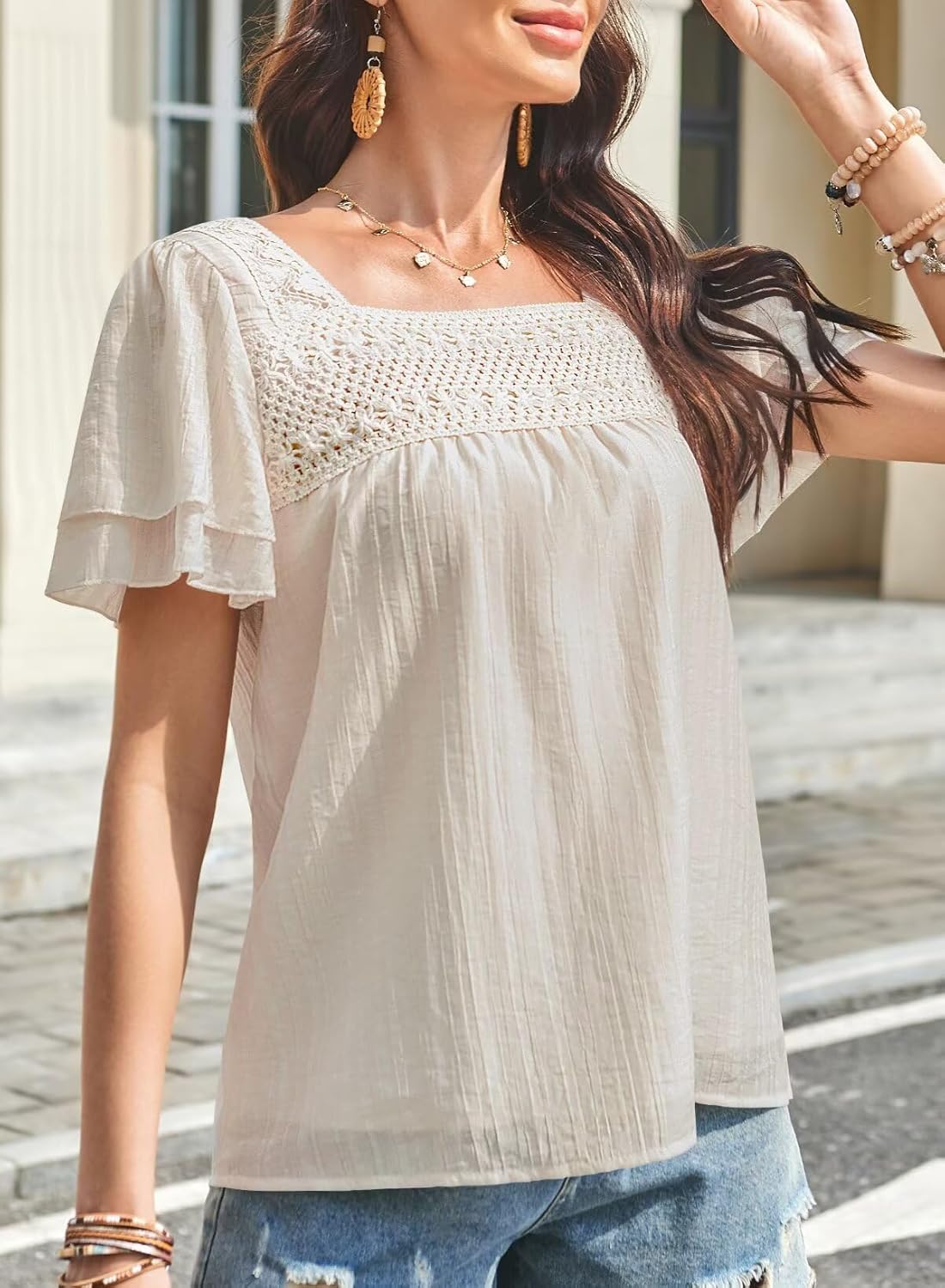 Womens Tops Summer Boho Blouses Short Sleeve Square Neck Crochet Lace Trim Casual Chiffon Shirts Double Layers - Image 6