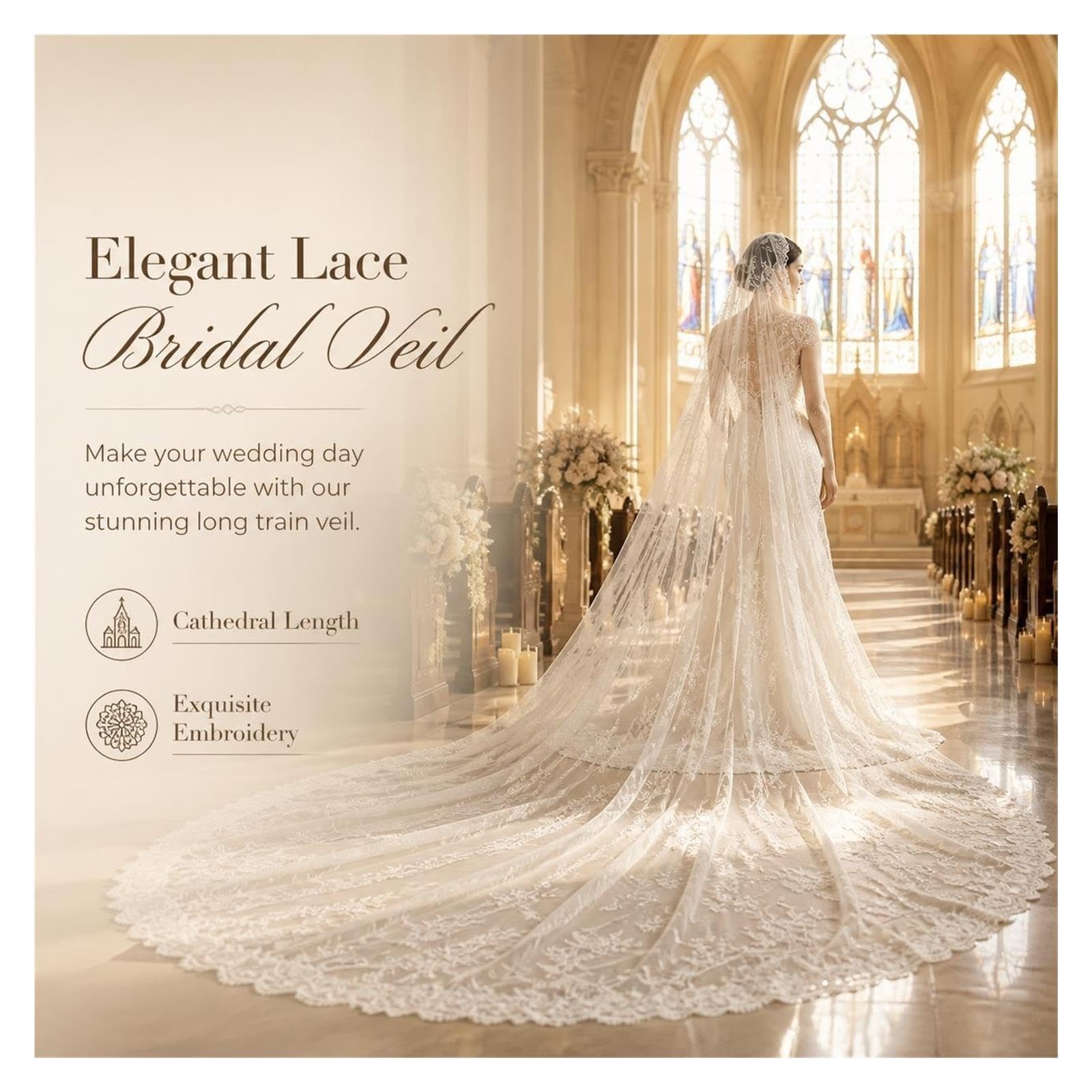 Velo da Sposa Velo da Sposa Lungo in Pizzo Francese – Copricapo(Ivory150CM)
