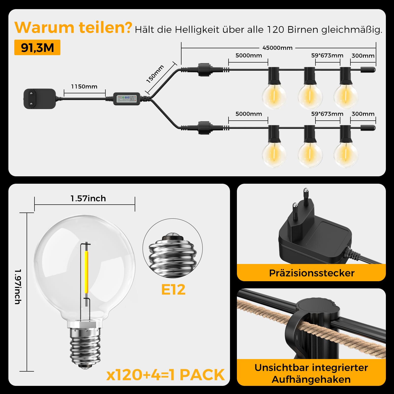 Lichterkette LED Außen Outdoor Strom 91,3 M/300 FT-120+4 G40 Glühbirnen | mit App & Fernbedienung (Doppelsteuerung), Dimmbar & Timer, Wetterfest, Aussen Lichterketten für Garten/Pavillon/Terrasse