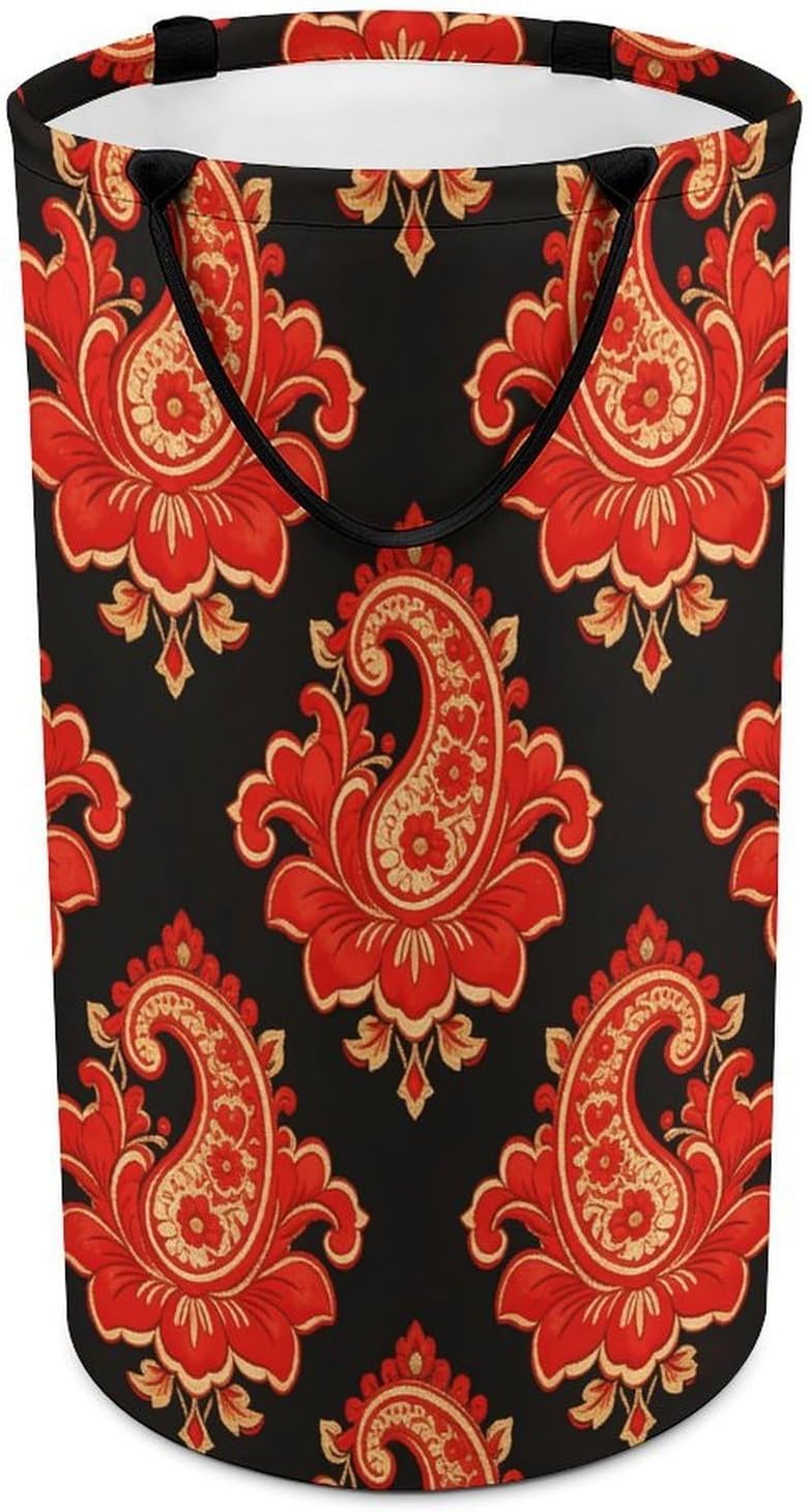 Red Cashew Flower Laundry Hamper with Handles Waterproof Collapsible Laundry Basket Large Lightweight Round Dirty Clothes Hamper for Home Dorm Bathroom Decor