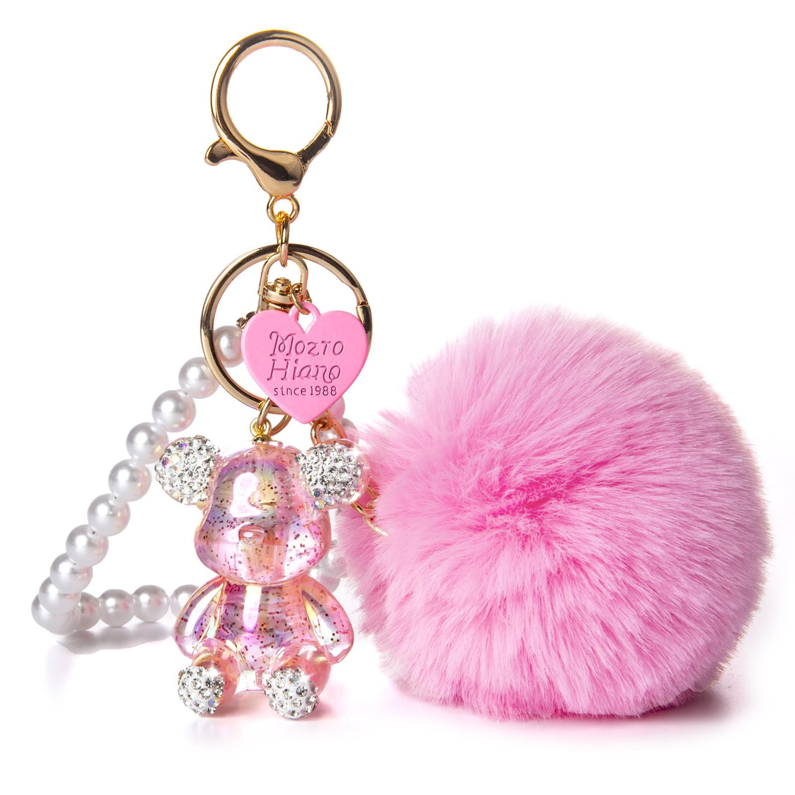 Kawaii Cute Bear Keychain for Women, Bling Gummy Teddy Bear Pom Pom Key Chain Girly Wristlet Keychain for Backpack