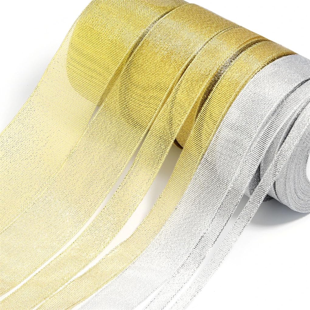 Rollo de cintas doradas y plateadas de 6 a 50 mm, cinta de satén con purpurina para manualidades, pasteles, bricolaje, decoración de boda, cinta plateada de 1,2 cm