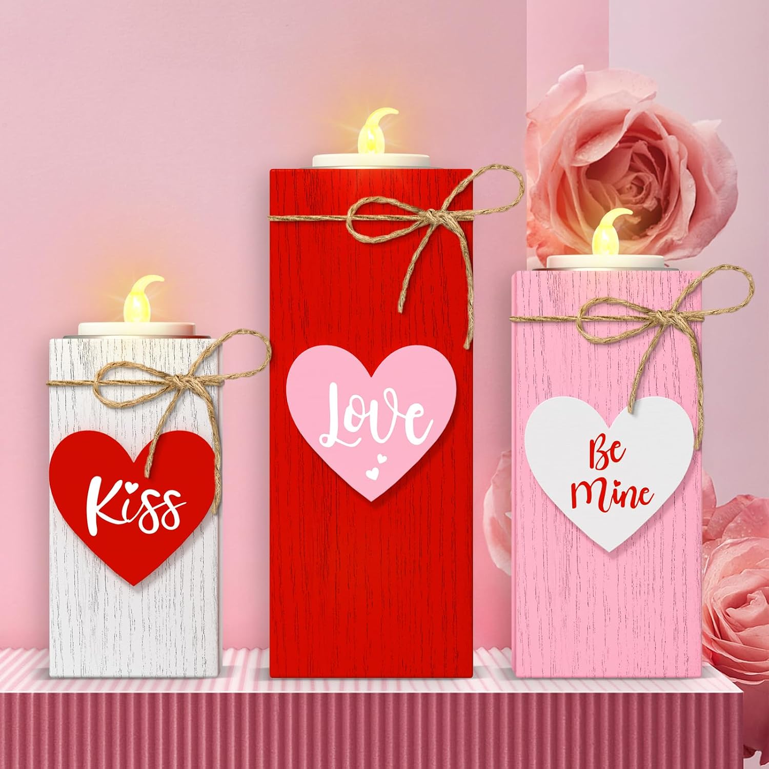Valentine's Day Votive Candle Holders Set of 3 Wooden Tea Light Holders with Battery Operated LED Ideal for Tabletop Decorations & Centerpieces Romantic Elegant Design for Festive Ambiance