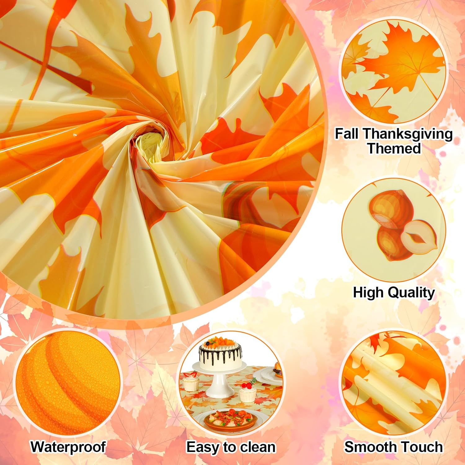 LemonRoad 6 Pcs Thanksgiving Fall Plastic Round Tablecloth 84 Inch Fall Disposable Table Cover Autumn Maple Leaves Pumpkin Circular Table Cloth for Thanksgiving Harvest Birthday Party Decoration