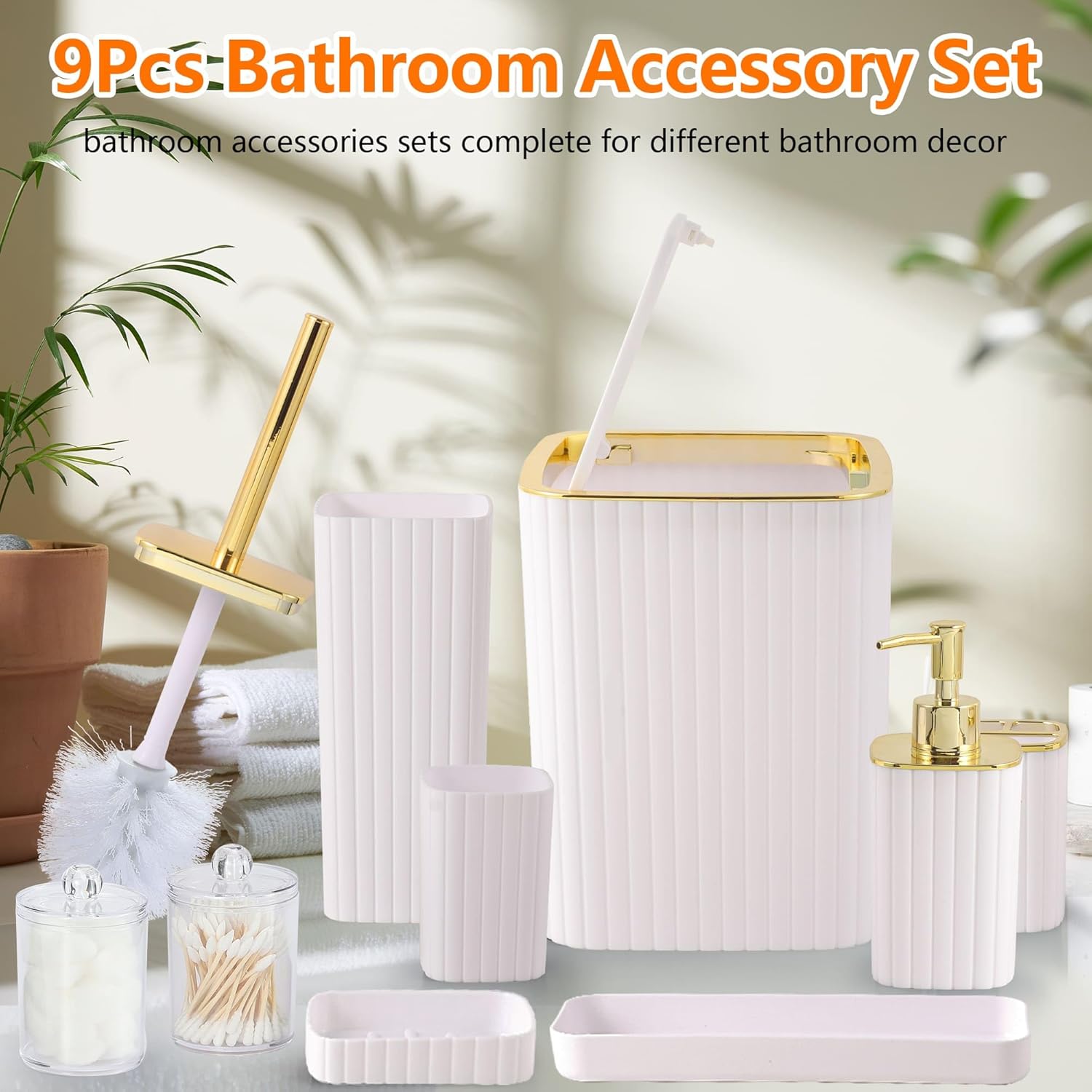 White Bathroom Accessories Set, 10 Piece Bathroom Accessory Set with Toothbrush Holder, Trash Can, Lotion Soap Dispenser, Toothbrush Cup, Vanity Tray, Soap Dish, Toilet Brush, Qtip Holder