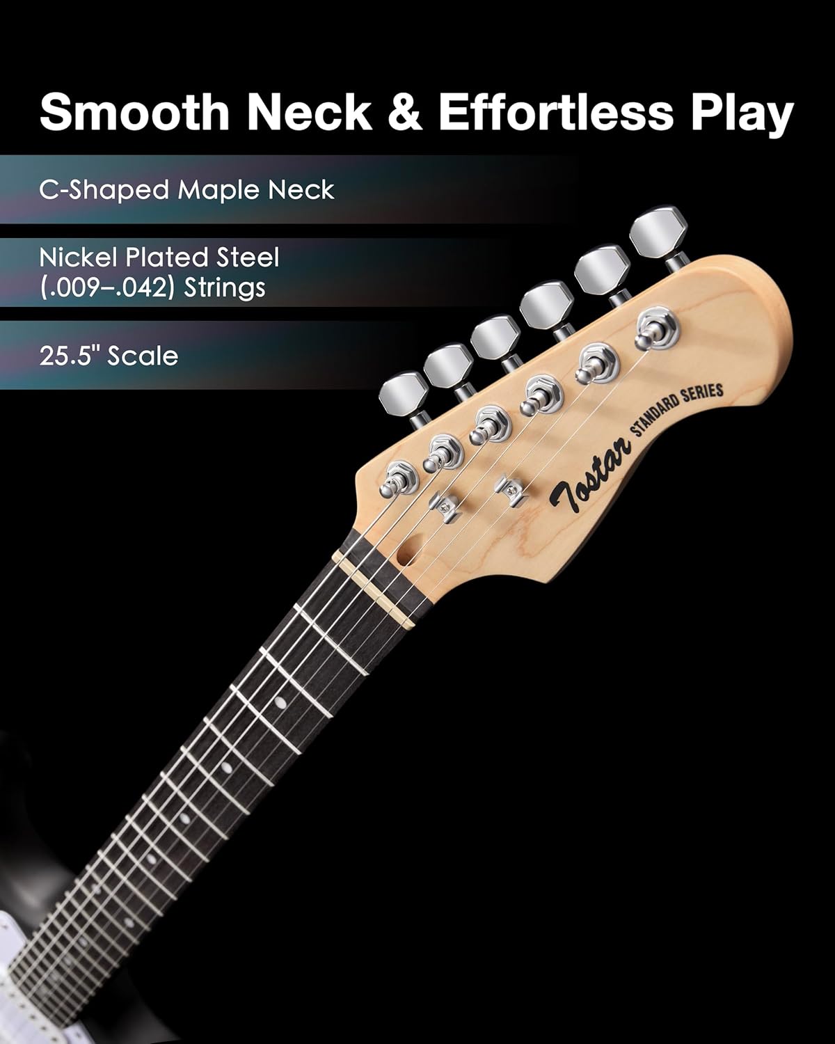 Tostar Electric Guitar Kit with Amp, 39" Full Size 6 String, Lightweight, Rounded Body Design, 5-Way SSH Pickup Switch, 2 Tone & 1 Volume Knobs, Beginner Electric Guitar for Man Woman Satin Black