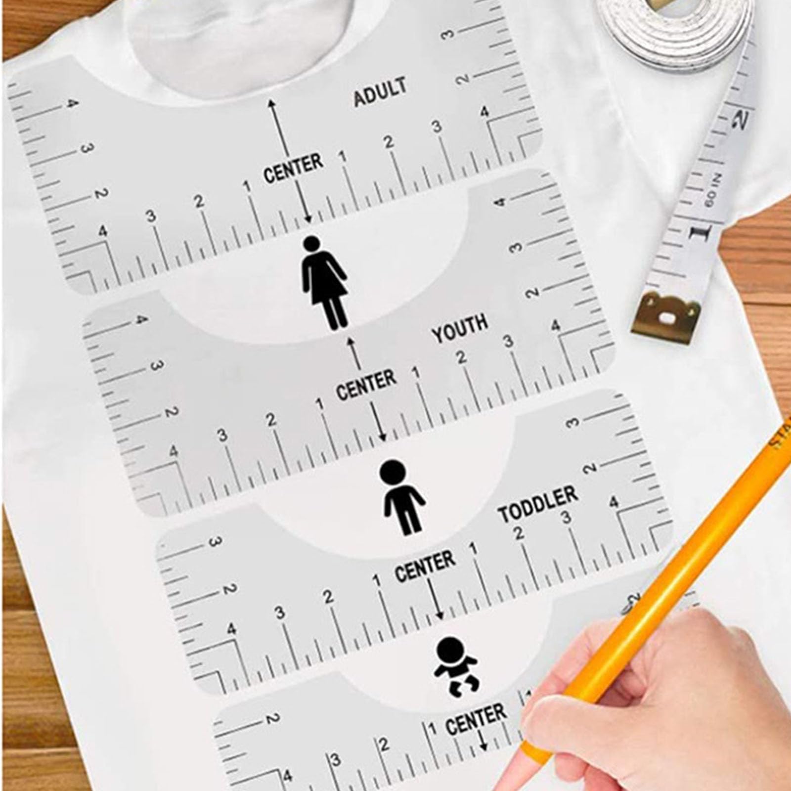 4PCS 4 Piece T-Shirt Alignment Ruler Set Clear Centering Guides Soft Tape Measure Multiple Sizes for Heat Press HTV Sewing, Transparent
