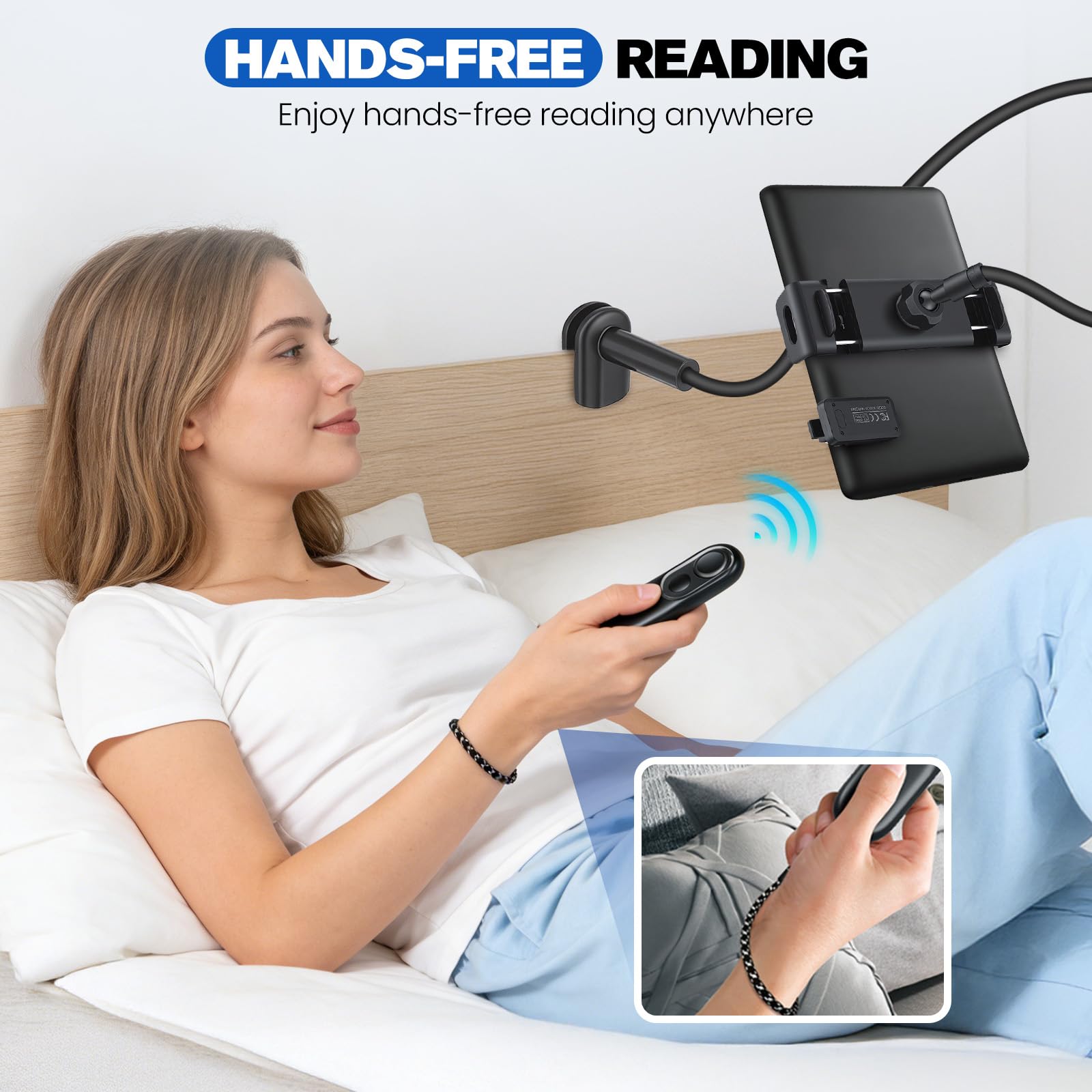 Supporto per Kindle a Collo di Cigno con Telecomando Gira Pagine per Leggere a Letto, Supporto da Scrivania per Tablet, Braccio Lungo Flessibile per Tablet, iPhone e Accessori Kindle