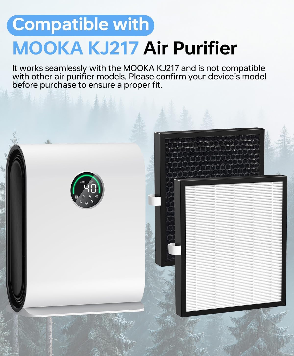 2 Pack KJ217 Replacement Filter Compatible with MOOKA KJ217 Smart Air Purifier, 3-in-1 Replacement Filter with High-Efficiency Activated Carbon and Pre-filter for Pets Odor, Smoke, Dust