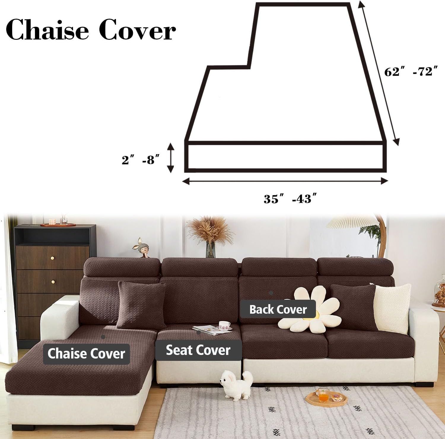 Couch Cushion Covers for Sectional Sofa, Sectional Couch Covers for Furniture, Sofa Covers Washable Stretch Sofa Slipcovers Soft,Anti Slip,Skin-Friendly for Pets (Brown,Chaise Cover)