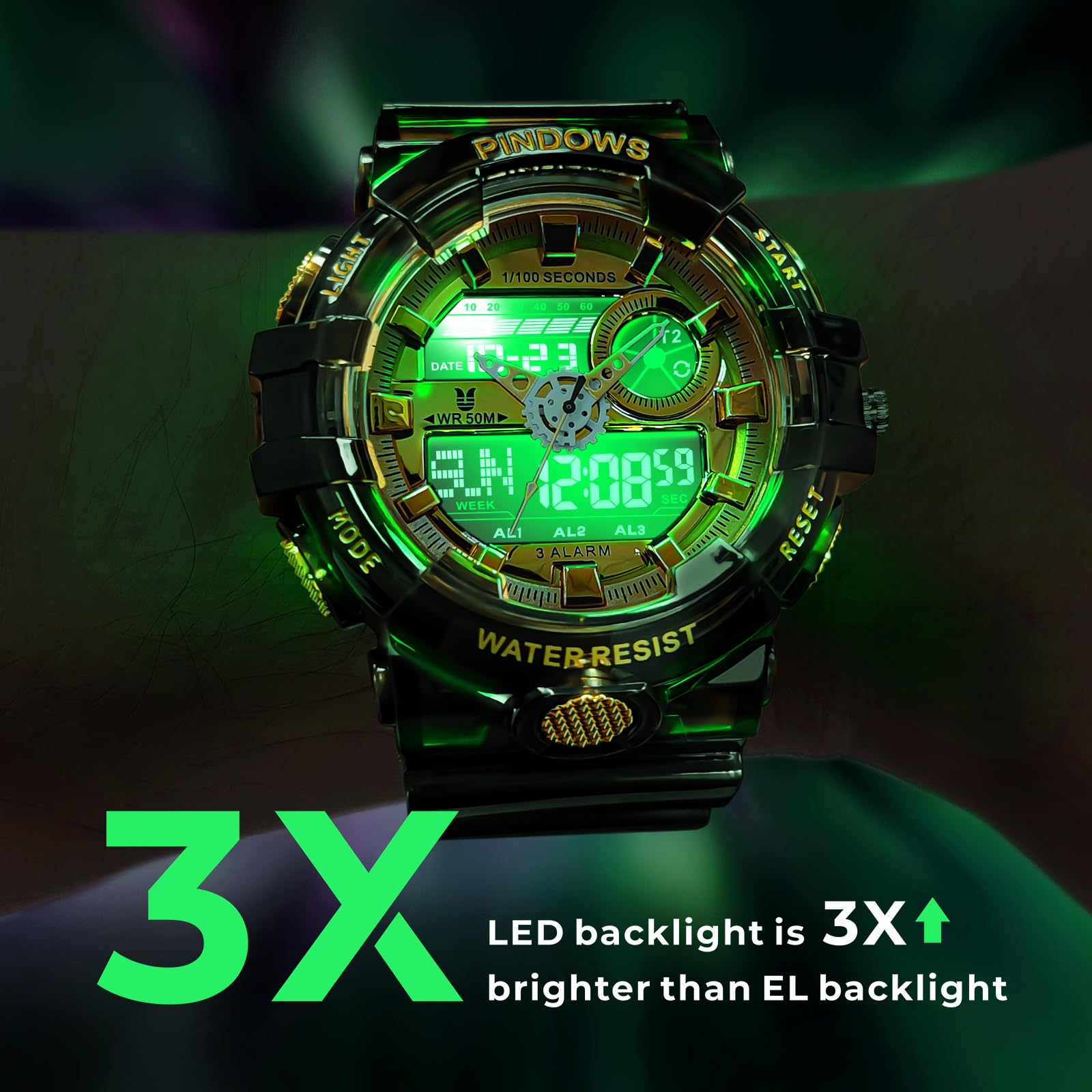 PINDOWS Orologi da uomo, con luce a LED, orologio sportivo grande digitale, analogico, doppio fuso orario, multifunzione, orologio da polso militare, 3 allarmi, conto alla rovescia, cronometro
