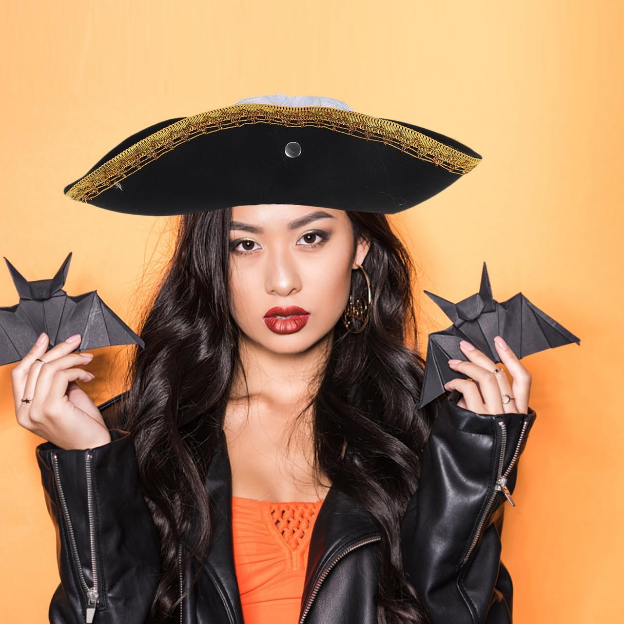 DECHOUS Tricorn Pirate Hat with Feather: Halloween Cosplay Colonial Tricorn Hat Black for Men Women Halloween Costume Cap Accessories for Masquerade Carnival Party - Image 7