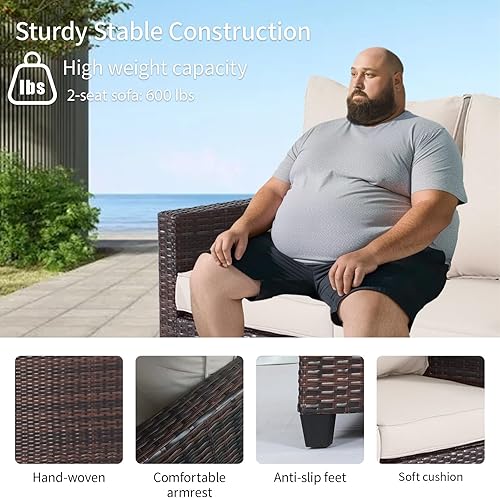 Miniatura 4 de EortheX Sofá biplaza para patio al aire libre, sofá biplaza de mimbre para todo tipo de clima con cojines, sofá de ratán para 2 personas para