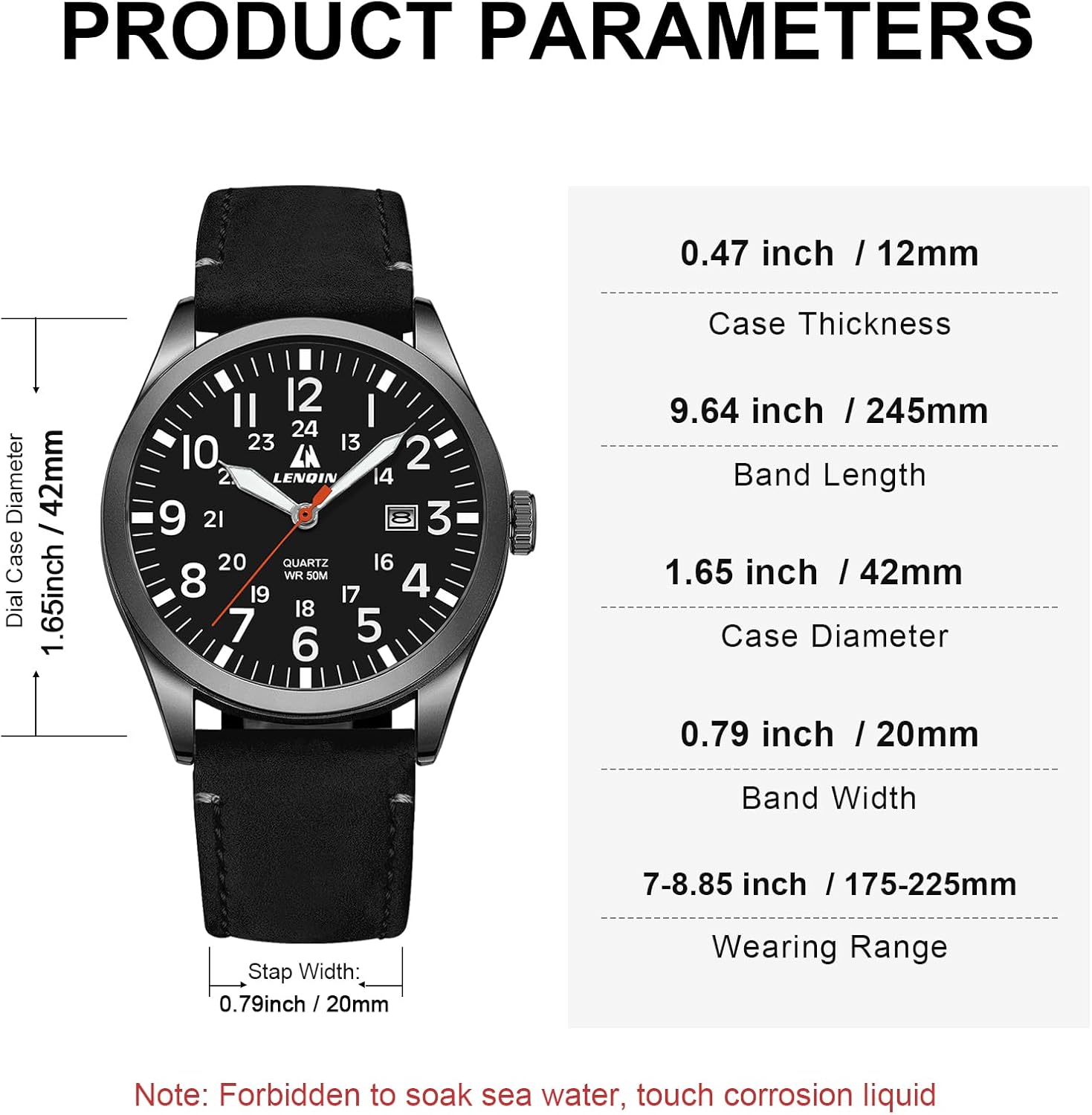 Diagram showing product dimensions and parameters