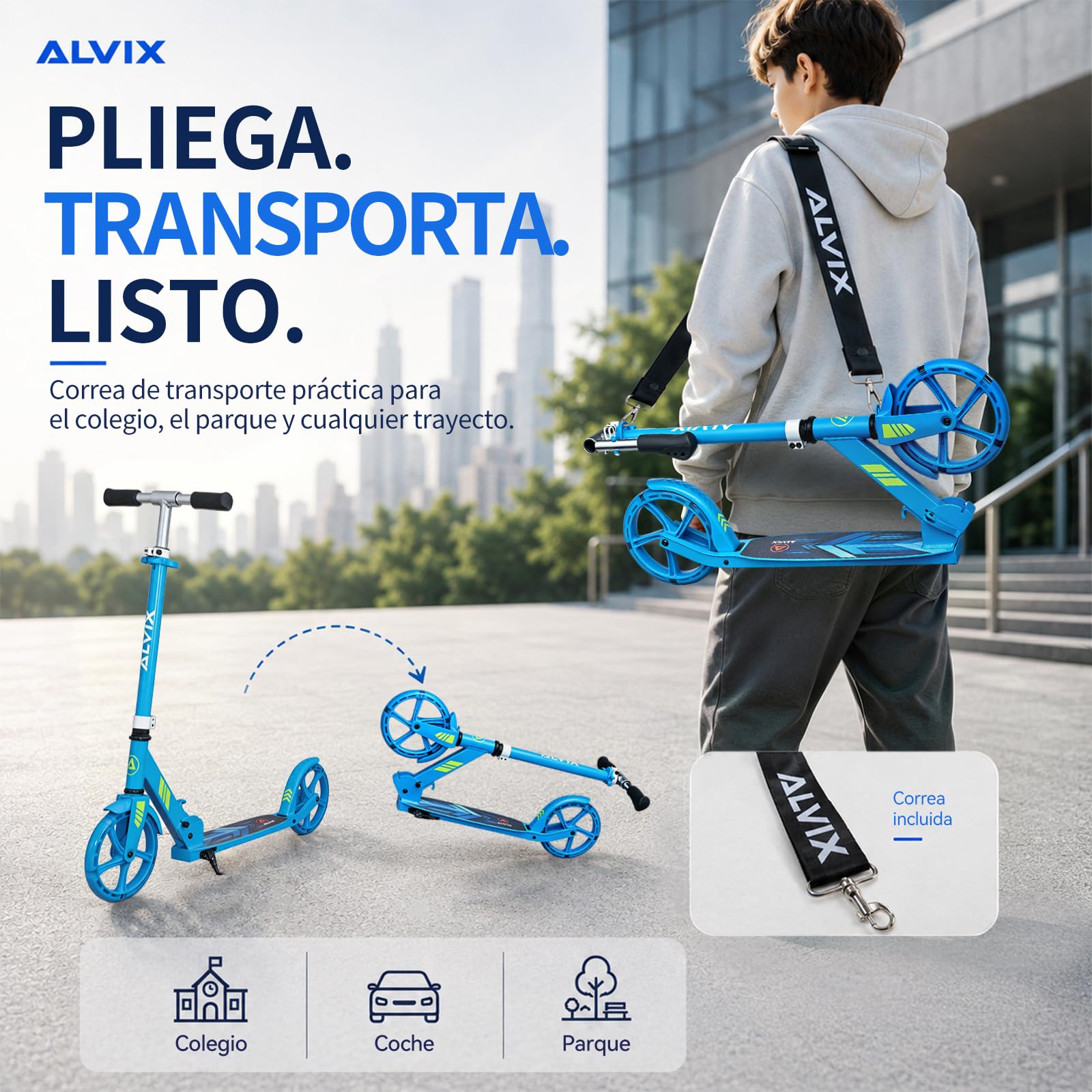 ALVIX Patinete infantil con ruedas LED, altura regulable a partir de 6 años, ruedas de 200 mm, patinete plegable con correa de transporte, plataforma ancha, hasta 100 kg