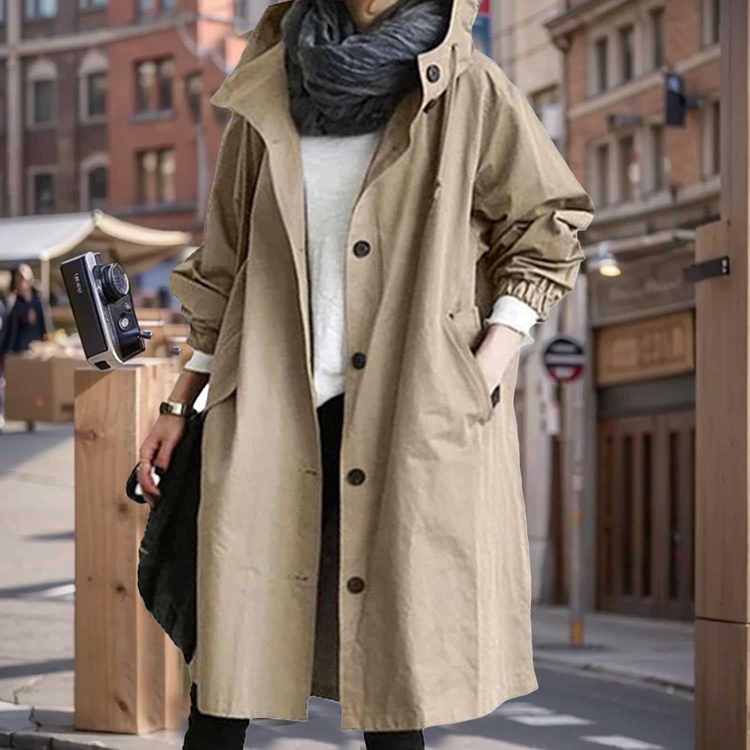 Rain Jacket Women Button Waterproof Windbreaker Anorak Coat Hood Plus Size Long Trench Outdoor Coats Lightweight