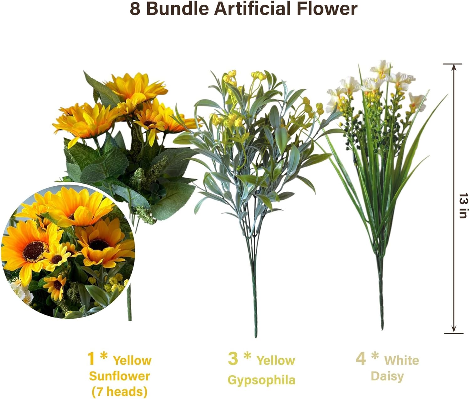Artificial Flowers for Outdoors Plants Outside Decoration, 8 Bundles Sunflower Silk Gypsophila Daisy Mix UV Resistant Faux Flowers Bouquet for Planter Porch Patio Yard Garden