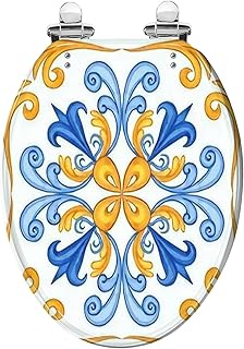 Elongated Toilet Seat Majolica watercolor seamless pattern Sicilian hand drawn ornament Resin Toilet Seat Quietly Slow Close with Quick-Release Hinges Toilet Seat with Cover Easy to Clean Install