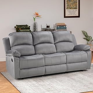 EBELLO 3 Seat Recliner Sofa for Living Room, Soft Microfiber Reclining Couch with Overstuffed Arms and Backrest for Home and Office, Grey