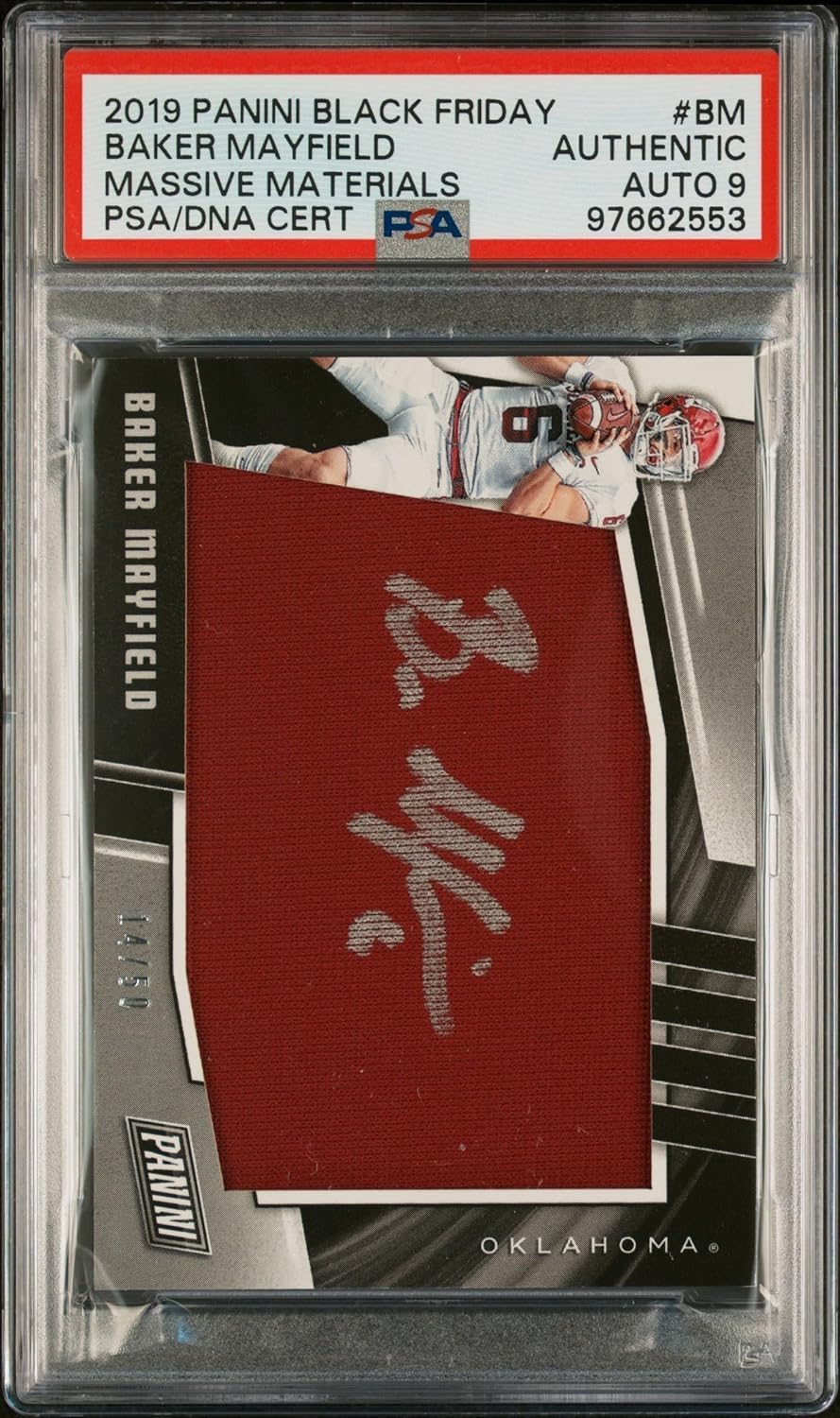 Baker Mayfield 2019 Panini Massive Materials Signed Football Card #BM Graded PSA Authentic Auto 9 14/50 Cert #97662553