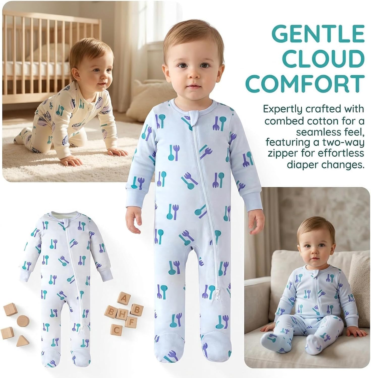 Unisex Baby Pajamas 2-Pack, Long Sleeve Footie Onesies, Newborn Onesies 2-Way Zipper, Gender Neutral Baby Clothes