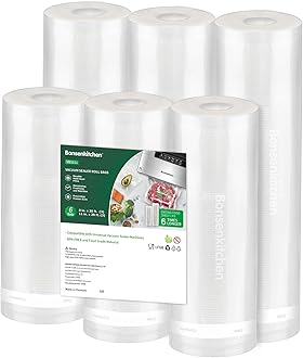 Bonsenkitchen Vacuum Sealer Rolls Bags, 6 Pack 3 Rolls 11" x 20' + 3 Rolls 8" x 20' Commercial Grade BPA Free Bag Rolls, Durable Customized Size Food Vac Bags for Storage and Sous Vide Cooking VB3211
