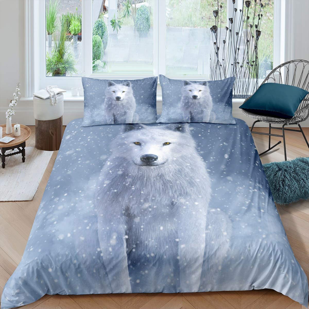 Loussiesd White Wolf Bedding Set Wild Animal Pattern Comforter Cover for Kids Adults Cool Wildlife Style Duvet Cover Winter Snow Nature Bedspread Room Decor Quilt Cover Double Size