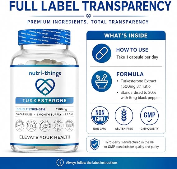 Turkesterone Capsules - 1500mg Turkesterone - Muscle Growth and Recovery Support - Adaptogenic Properties - One Month Supply - Non-GMO, Gluten-Free - 30 Capsules
