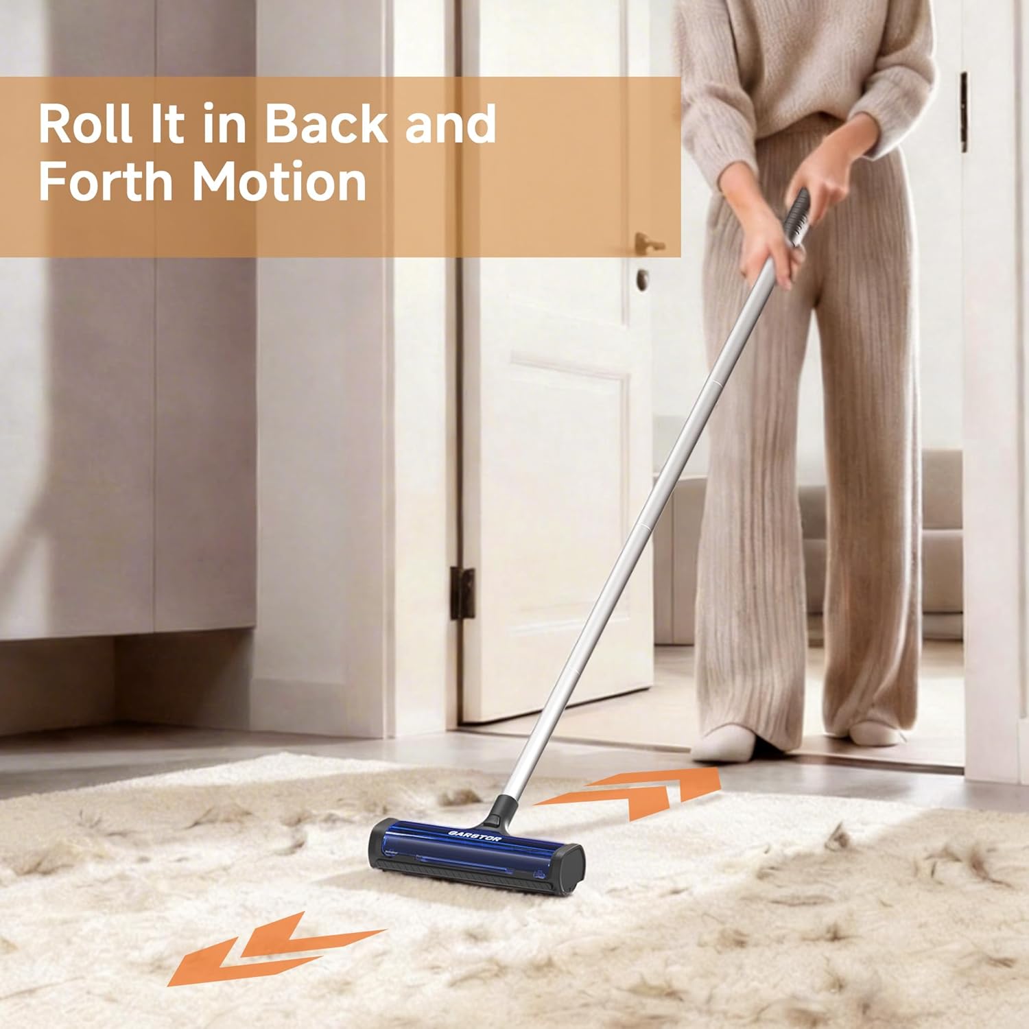 Carpet Hair Removal Tool, Carpet Sweeper for Pet Hair, Reusable Carpet Roller Rug Rake, Pet Fur Remover with Dust Container, 5 Feet Long Handle for Carpet, Rugs, Mats