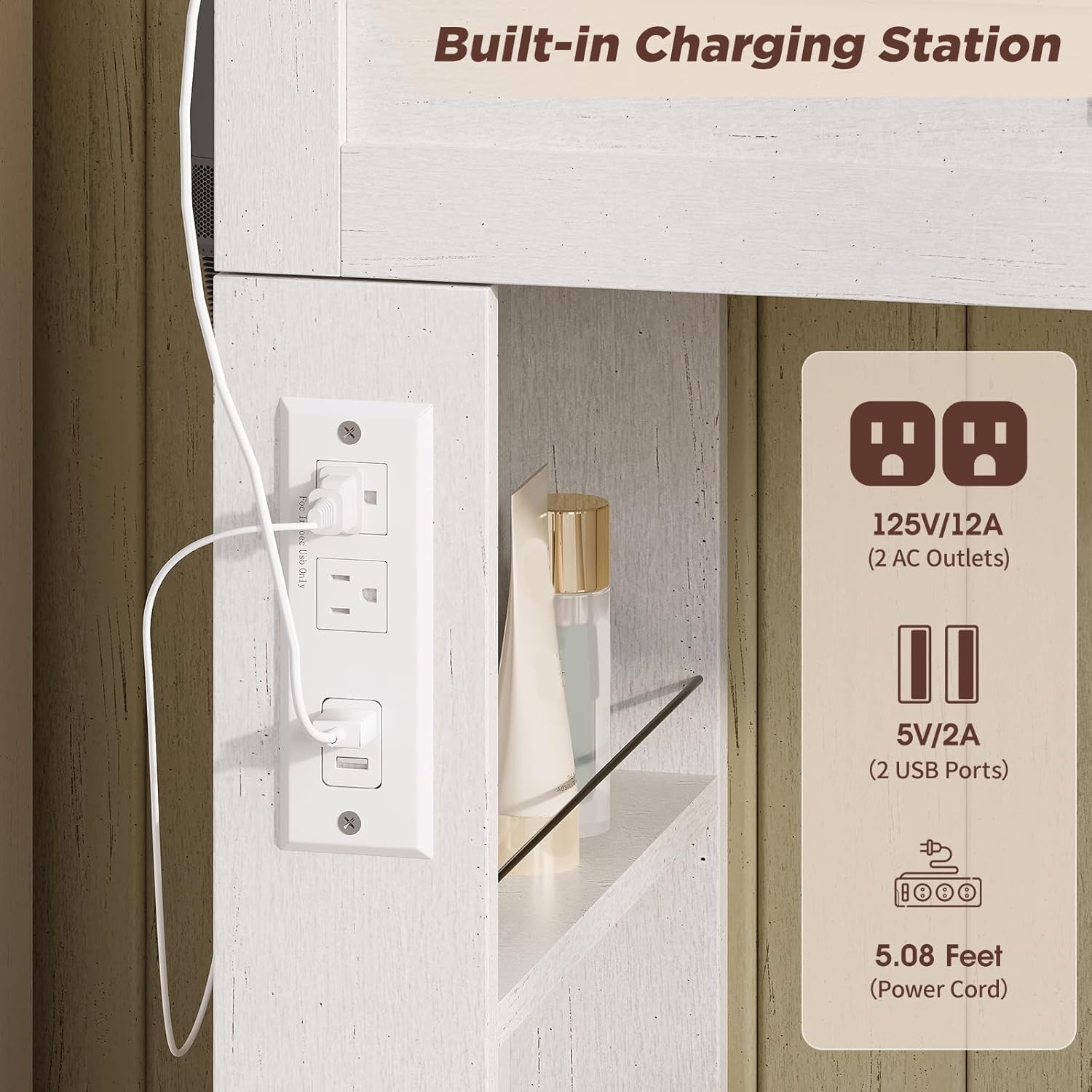 Close-up of the built-in charging station with two AC outlets and two USB ports.
