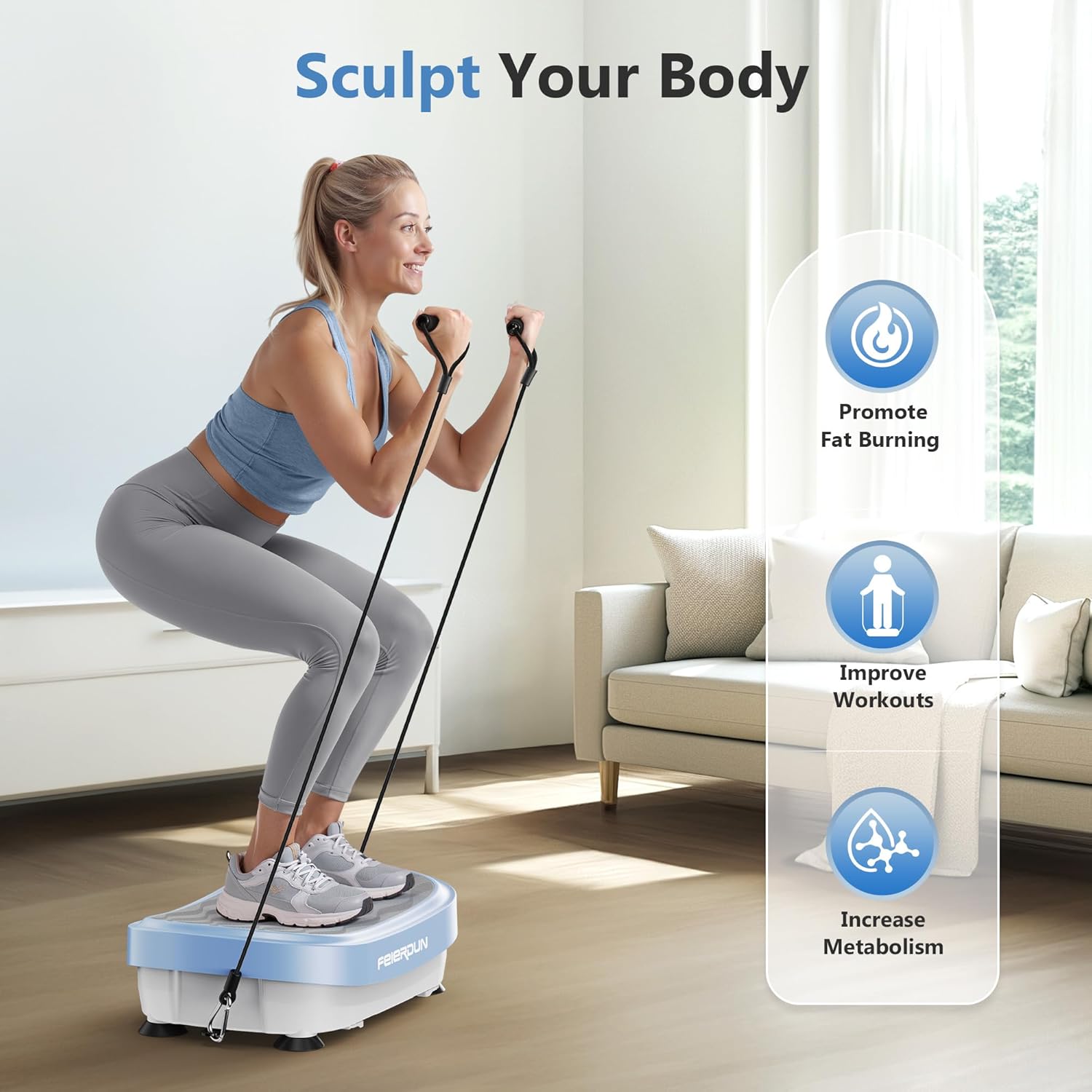 Woman squatting on vibration plate with resistance bands, illustrating body sculpting