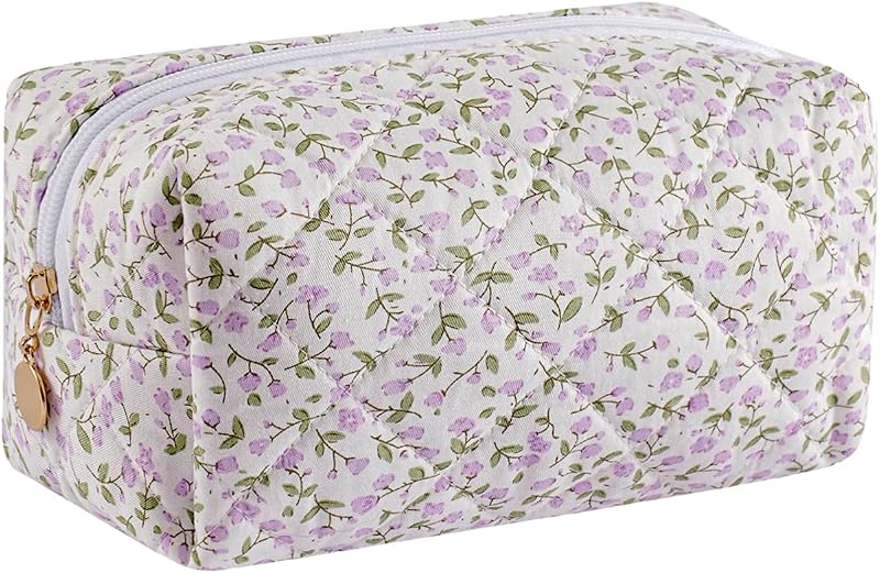 Necessaire de maquiagem acolchoada Gleyemor com estampa floral e laço, algodão, Roxo com flores pequenas