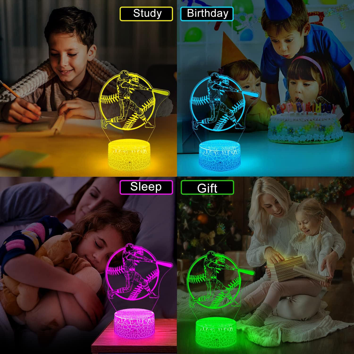 Baseball Night Light for Kids Gifts 3D Illusion Lamp 16 Colors Changes with Remote Control Bedside Lamp As Holiday Birthday Gifts for Boys Girls & Fans