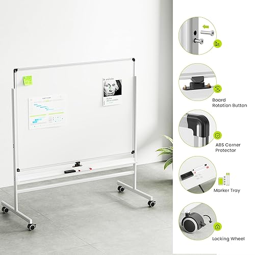 Miniatura 6 de VUSIGN Pizarra blanca móvil de 36 x 48 pulgadas sobre ruedas, pizarra de borrado en seco de doble cara con soporte, marco de aluminio grande para
