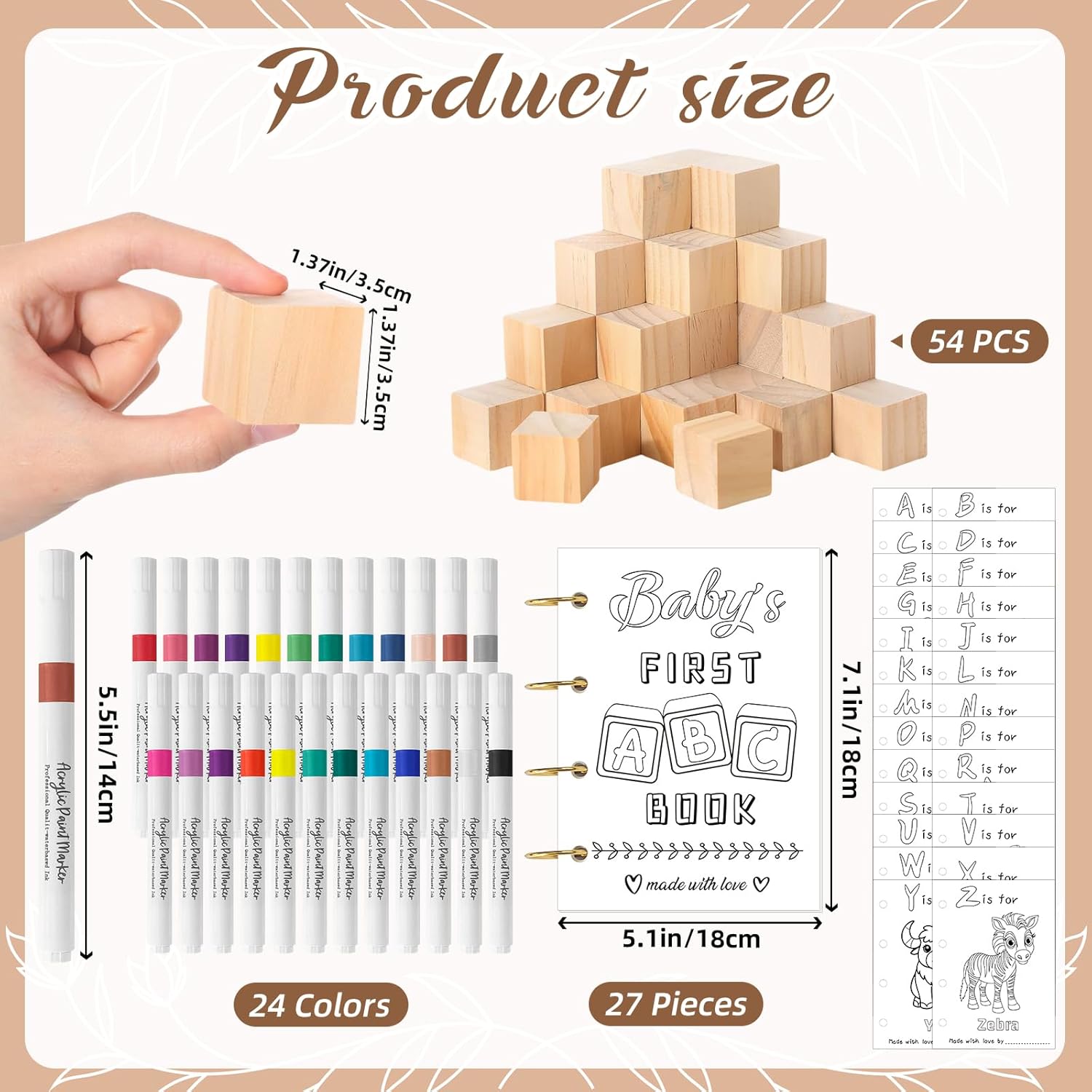 146 Pcs Baby Shower Game Sign Set Includes Decorative Square 54 DIY Blank Wooden Blocks 24 Paint Markers 27 Page Baby‘s First ABC Book