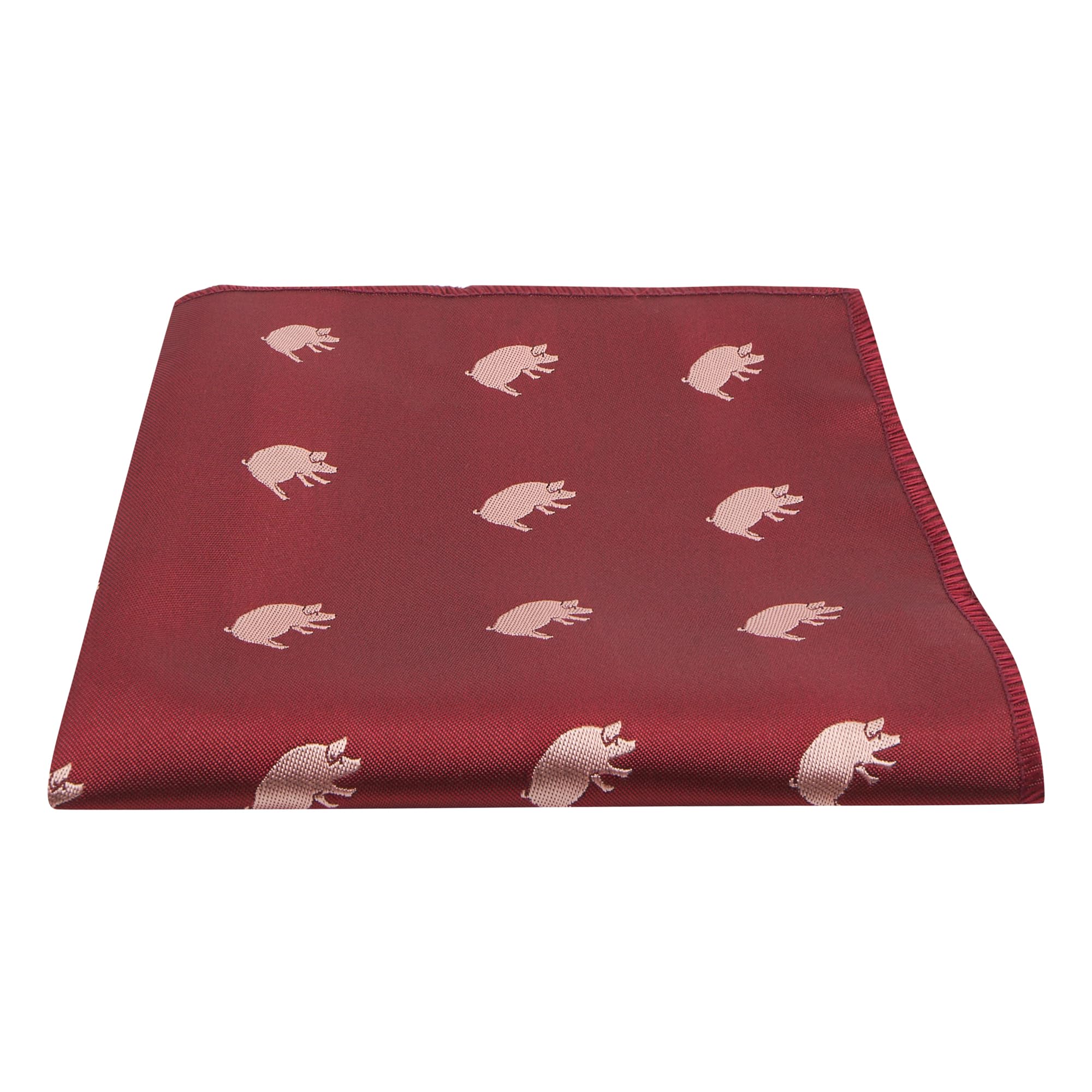 King & Priory Burgundy Red Embroidered Pig Pocket Square, Handkerchief