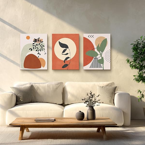 hyidecorart Tableau Boho Chic, Tableau Decoration Murale Salon Feuilles Abstraites Orange Et Soleil, Nordique Minimaliste Moderne Decoration Murale Chambre Salle De Bain Cuisine Bureau - 5