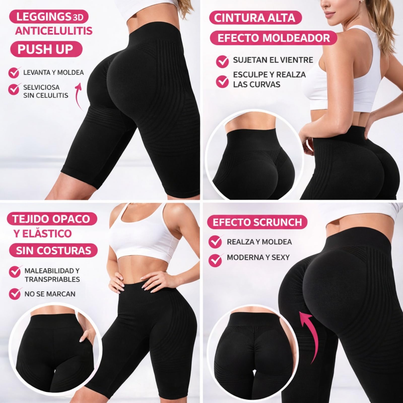 Genérico Leggings Deportivos Mujer Push Up Cintura Alta Mallas Anticeluliticos Sin Costuras Opaco Scrunch Butt Pantalones Gym Yoga Fitness Jogging Entrenamiento Leggins 3D Anticelulitis Mujer 2PC