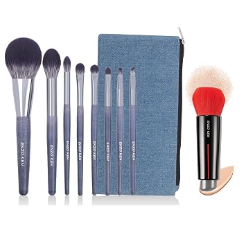 ENZO KEN Natural Purple Badger Hair Makeup Brushes Set with Canvas Makeup Brush Bag + Double End Kabuki Foundation Brush